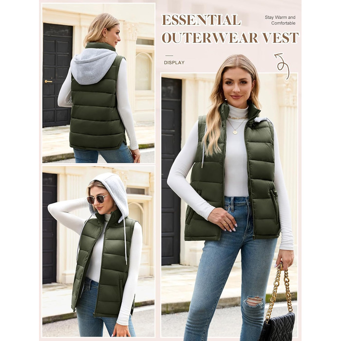 Степова жилетка Vancavoo з капюшоном: тепла, зручна, для осені та зими (армійний зелений, розмір L)