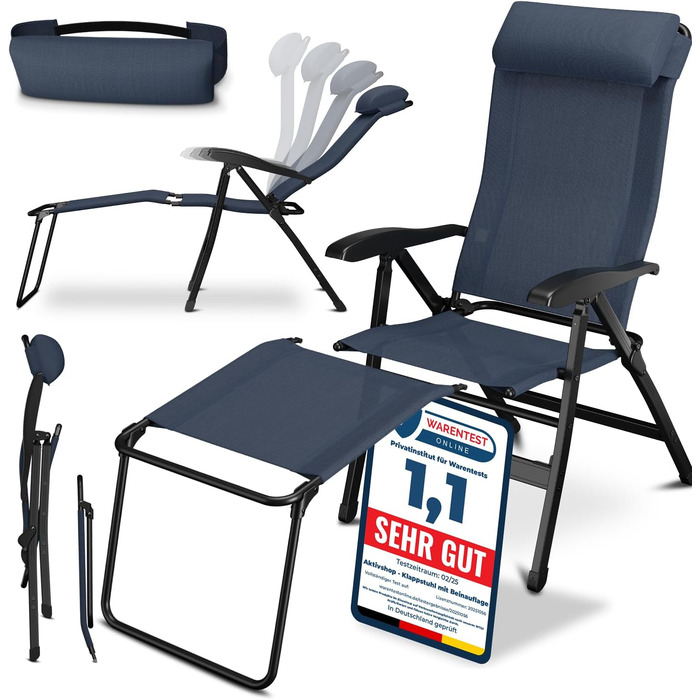 ELONEO Folding Camping Chair with Removable Footrest, Folding Chair made of Aluminum, Folding Garden Chair, Reclining Chair with Adjustable Backrest, Camping Chair (Folding Chair with Footrest (Basic), Blue)