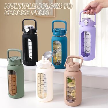 2L Glass Water Bottle with 2 Lids Flip and Go Lid 2 Liter Large Water Jug with Time Marker and Silicone Sleeve BPA-Free Leakproof for Sports Gym, (Purple)