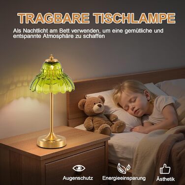 Ретро настільна лампа бездротова, акумуляторна 6000mAh, з регулюванням кольору та яскравості, портативна LED лампа для вітальні, спальні, бару (зелена)