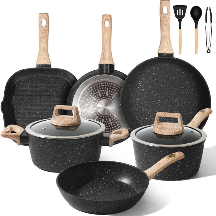 Набір каструль та сковорідок GMISUN 11 предметів з нержавіючої сталі, індукційне дно, для всіх типів плит, без PFOA/PFOS, чорний