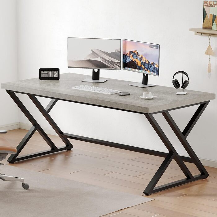 Long Computer Desk - Industrial Design Study Table for Home Office - Wood Top - 140 x 60 x 75.5 cm
