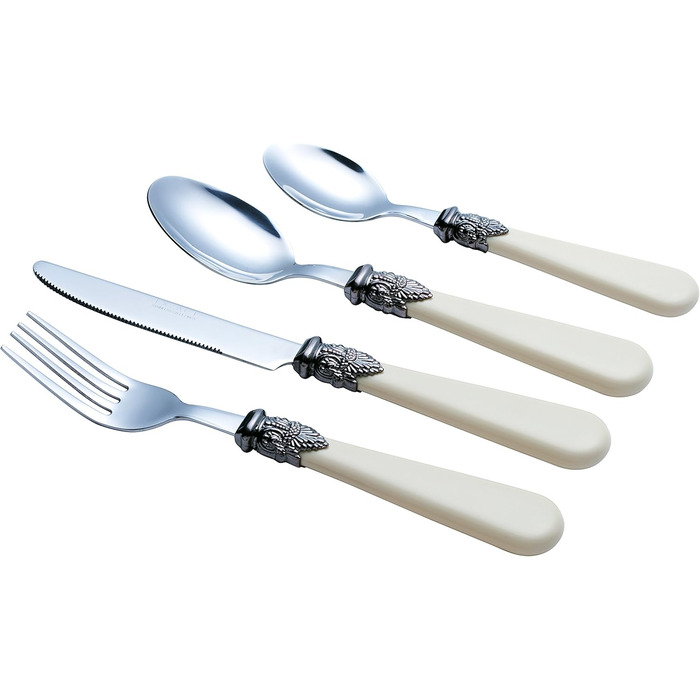 EXZACT Ivory Cream Flatware Set, 24 Pieces, Stainless Steel with Detailed Handle, Traditional, Elegant, Vintage Style/Antique (WF28-24CRM)