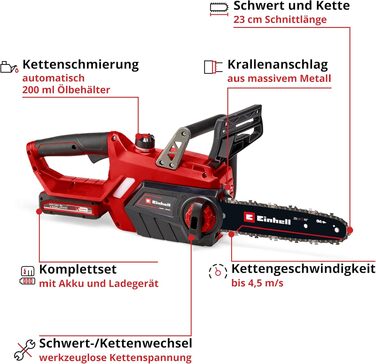 Акумуляторна ланцюгова пила Einhell GE-LC 18/25 Li-Solo Power X-Change (18 В, довжина шини 23 см, з АКБ 3.0 Аг та зарядним пристроєм)