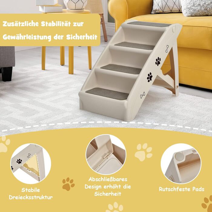 COSTWAY 4-Step Pet Stairs with Carpet, Dog Stairs Plastic Cat Stairs Foldable, Portable Dog Ramp Pet Stairs for Dogs and Cats, Pet Ramp for Climbing and Scratching (Beige)