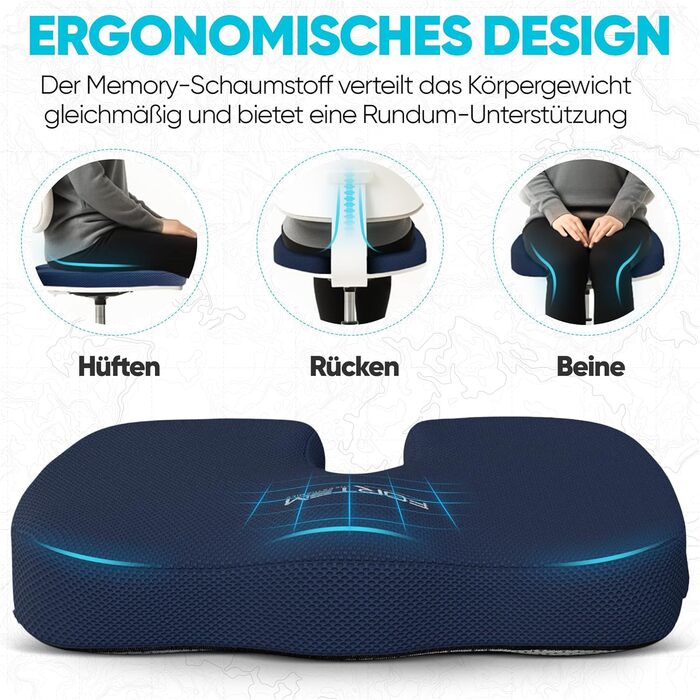 Крісло-подушка FORTEM: м'яке сидіння з memory foam для офісного, ігрового та автомобільного крісла. Знімна наволочка, великий розмір (блакитна сітка)