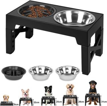 Підвищений годівниця для собак з регулюванням висоти, 5 рівнів, 2 миски з нержавіючої сталі та 1 миска з захистом від протікання. Підвищена станція для годування собак. Підходить для собак маленьких, середніх та великих порід.