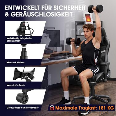 Ігровий крісло Douxlife з масажем та підігрівом, ергономічний офісний крісло з підніжкою, регулювання 90°-175°, підлокітники 2D, для геймерів, 181 кг, сірий