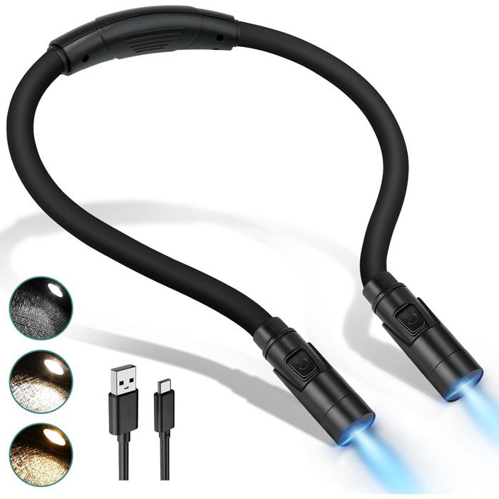 Настільна лампа LUXJET на шиї, LED, акумуляторна, 3 кольори, регулювання яскравості, для читання, рукоділля, ремонту, чорна, 3 режими (3000K-6000K)