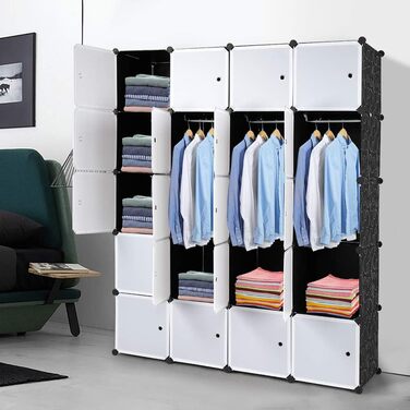 Regal system, 10 cubes, plastic wardrobe with doors, modular cabinet for space-saving storage, 70 x 45 x 175 cm, white door & black cabinet. Storage for clothing, shoes etc. (140 x 45 x 175 cm, White-1)