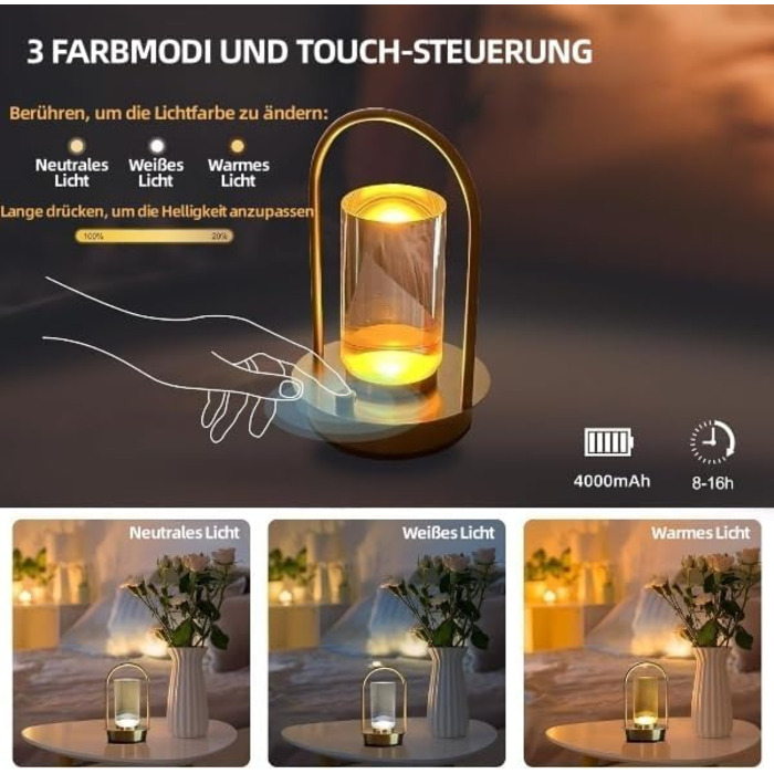 Світлодіодна настільна лампа з димером, акумуляторна, сенсорна, 3 режими світла, золота. Портативна кришталева лампа для дому та вулиці з USB-C