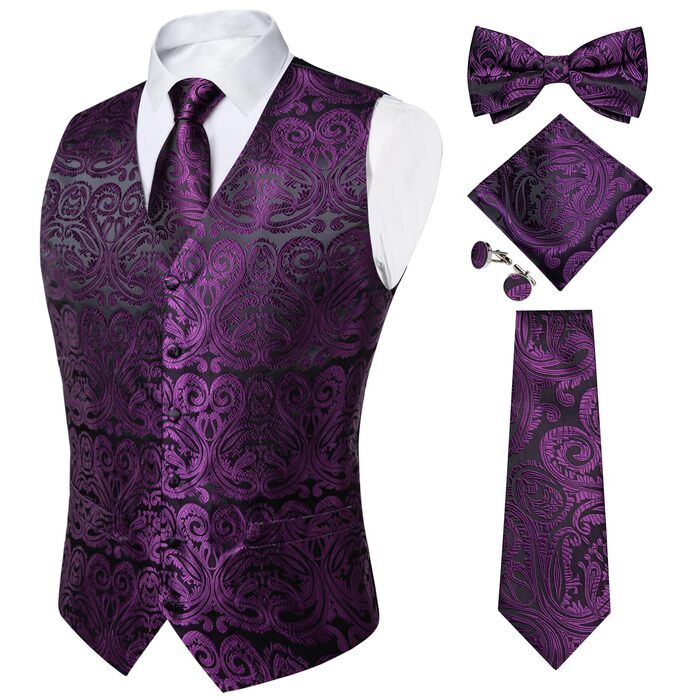 Костюмний жилет чоловічий DiBanGu для весілля з краваткою, нагрудною хустиною та краваткою-метеликом. Сріблястий візерунок пава, 3XL, фіолетовий пава