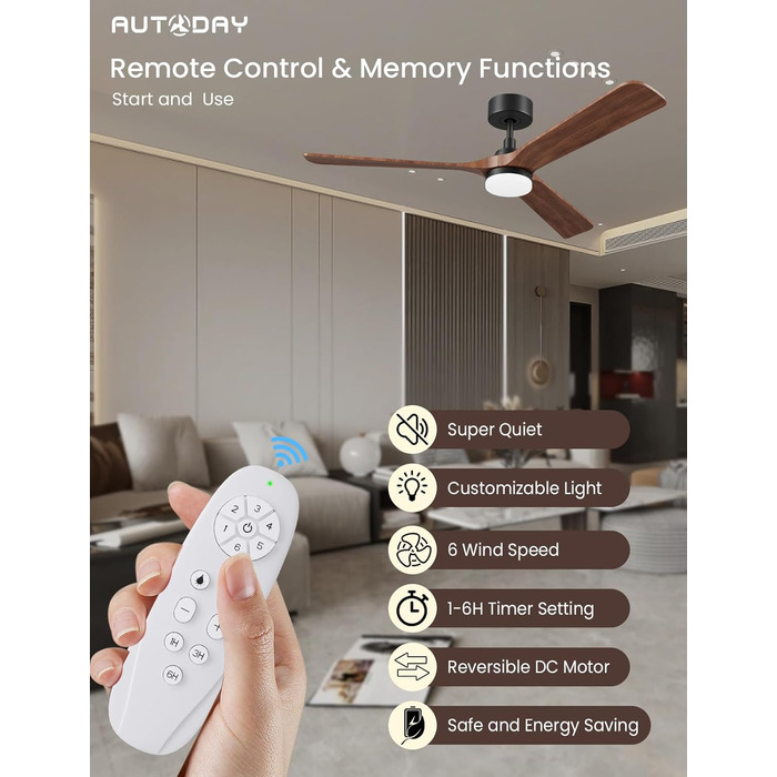 Стеляний вентилятор з дерева з підсвічуванням, 90 см, тихий DC-двигун, 6 швидкостей, пульт з пам'яттю, таймер, 24W LED, регулювання яскравості