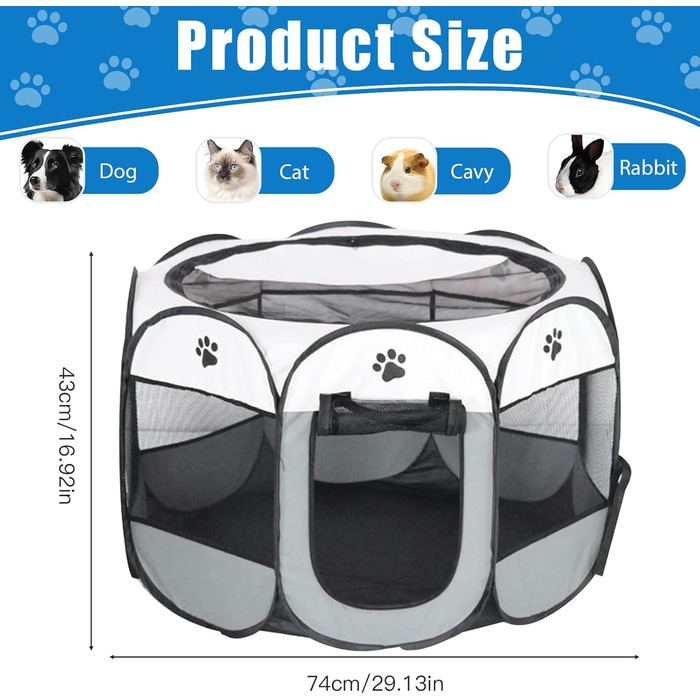 Складана переносна вольєр для цуценят та собак, 74x74x43 см, водовідштовхувальне полотно Oxford, для собак, котів, кроликів