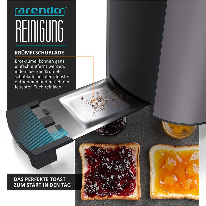 Arendo - 2-Slice Long Slot Toaster - Defrost Function - 1000W - Double-Walled Housing - Integrated Bun Tray - Browning Levels 1-6 - Display with Remaining Time Display D: Silvergrey