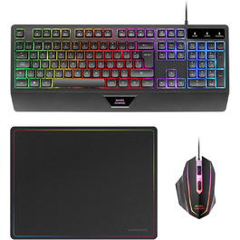 Ігровий комбо MARSGAMING MCP124: Клавіатура H-Mech LED RGB, Миша 3200DPI з HUANO Switches, Килимок Nanotextil 360x260mm, Підтримка Multiplatform, Іспанська розкладка, Чорний колір