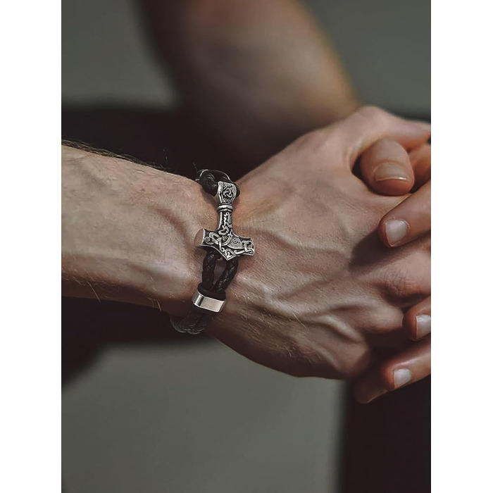 Чоловічий шкіряний браслет Bandmax Mjölnir/Totenkopf/Freimaurerei з гравіюванням, магнітна застібка, 23 см