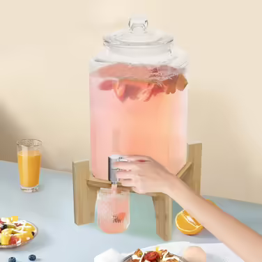 5L Drink Dispenser with Bamboo Stand, Glass Drink Dispenser with Stainless Steel Tap and Lid, Clear Lemonade/Drink/Water Dispenser for Iced Juices, Water