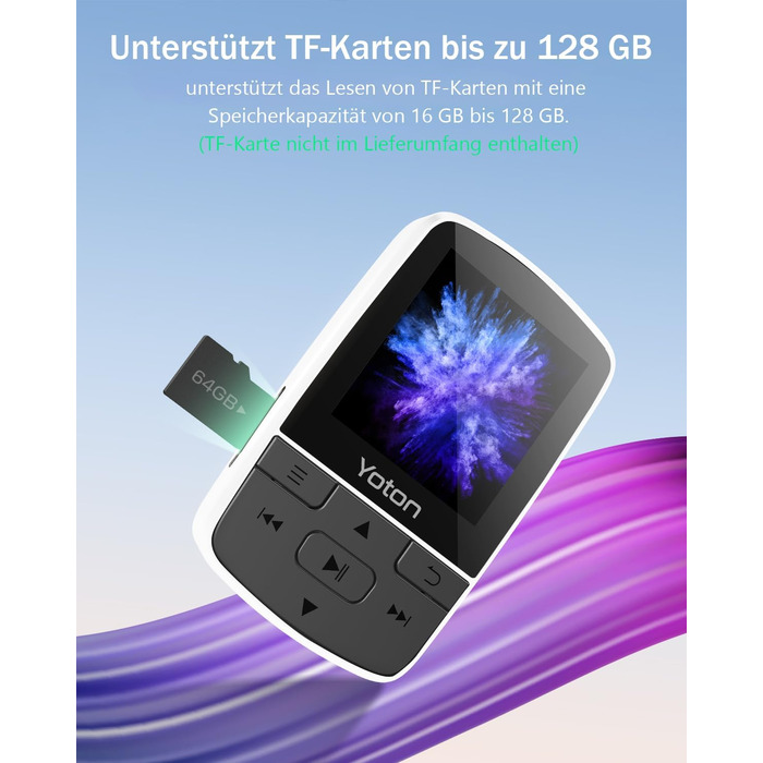 MP3-плеєр YOTON з Bluetooth 5.2, Hi-Fi звук, FM-радіо, диктофон, регулятор гучності, навушники, підтримка SD до 128 ГБ (Білий)