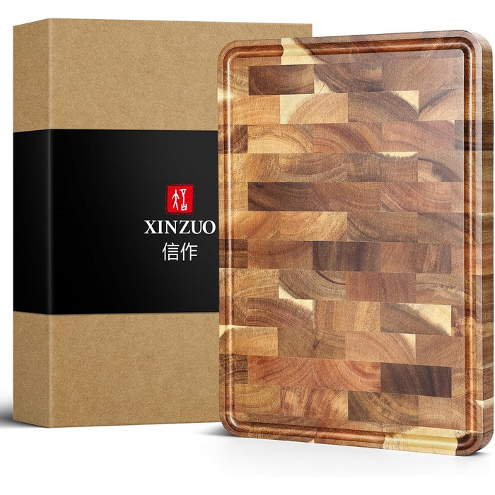 Дошка для нарізки з акації XINZUO 35x25x2,6 см, торцевий зріз, з ручками, антиковзними ніжками і жолобом для соку – кухонна дерев'яна дошка для м'яса та овочів