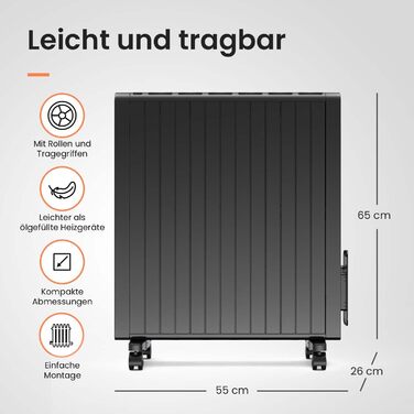 Електричний радіатор Pro Breeze 2000W з таймером, пультом дистанційного керування та термостатом | Економія енергії, 3 режими нагріву, без оливи, чорний