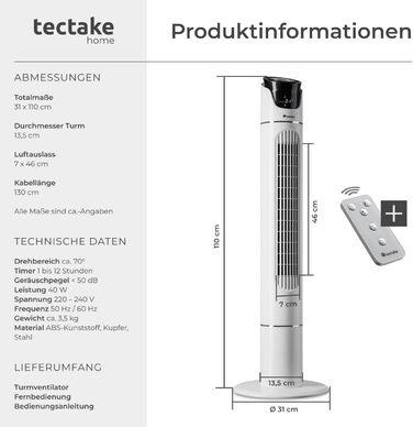 Турбо вентилятор Tectake з пультом дистанційного керування та таймером, тихий вентилятор-вежа, мобільний кондиціонер, 3 швидкості, 31 x 110 см