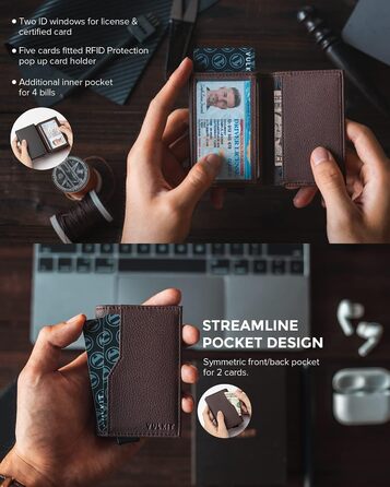 Кредитне портмоне VULKIT з двома вікнами для ID, RFID-захистом, автоматичний підйом, з натуральної шкіри, для карток та грошей (Коричневий)