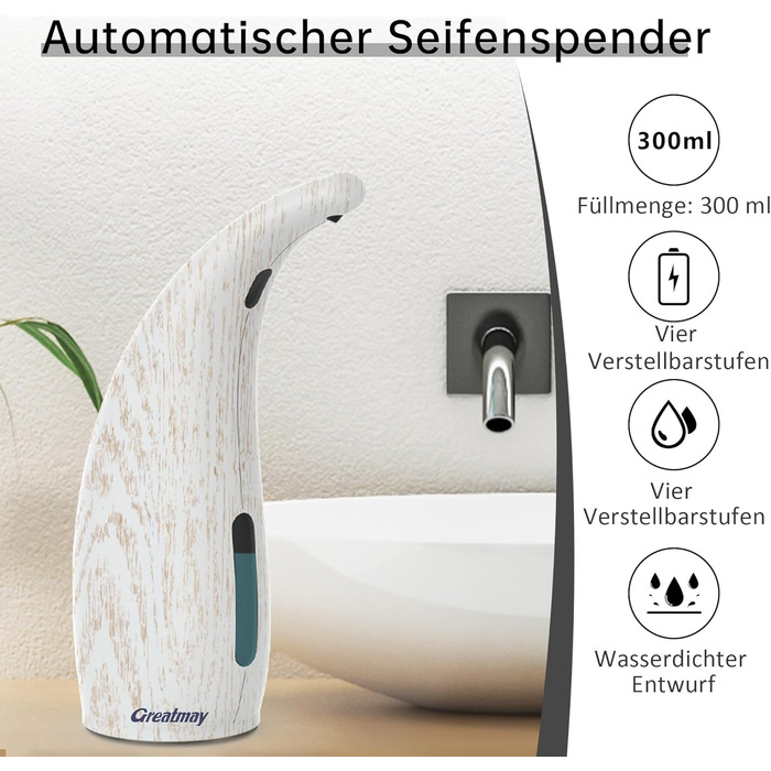 Greatmay Automatic Soap Dispenser - Touchless, Battery Operated, 300ml - Adjustable Settings, IPX6 Waterproof for Bathroom, Kitchen