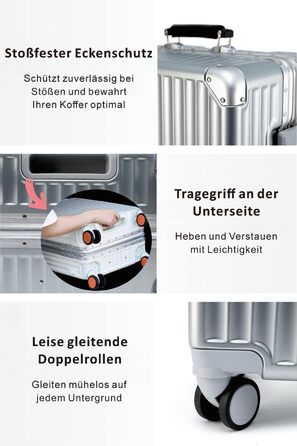 Чемодан ручної поклажі Yuweijie: міцний алюмінієвий каркас, 4 колеса, TSA-замок, срібний з коричневою шкіряною ручкою, S-58см