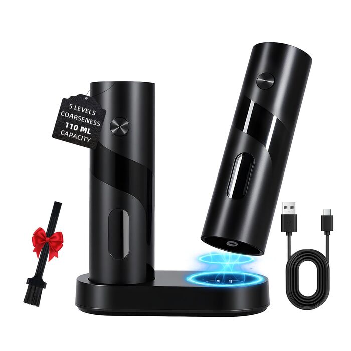 Набір електричних мельниць для солі та перцю з заряджною станцією, об'єм 110 мл, 5 ступенів помелу, керамічна млинка, щітка, 2 шт., чорний