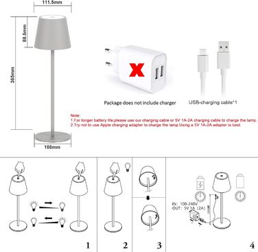 LED-лампа Klighten 2 шт. на акумуляторі, сірого кольору, диммування, бездротова, перезаряджувана, тепле світло 3000K, для дому та вулиці, USB-C, алюміній, IP54, вологостійка, сіра