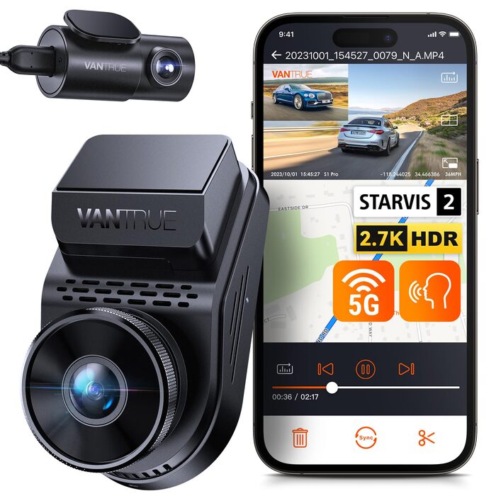 Відеореєстратор VANTRUE S1 Pro 2.5K + 1080P, GPS, WiFi, STARVIS, Паркування, Нічний режим, G-сенсор