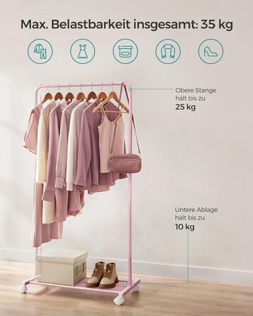SONGMICS Clothes Rack, Rolling Garment Rack, Metal Wardrobe Stand, Rolling Wardrobe 91 cm wide, with Shelf, 2 Swivel Wheels with Brake, Rod Load Capacity up to 40 kg, HSR025A01 (Pastel Pink, 74x40.5x158cm)