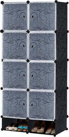 UISEBRT DIY Plastic Wardrobe System - Plug-in Shelf Wardrobe, Coat Rack Wardrobe, Shoe Rack, Plastic Boxes, Black with Pattern (8 Boxes with Door and Shoe Cabinet)
