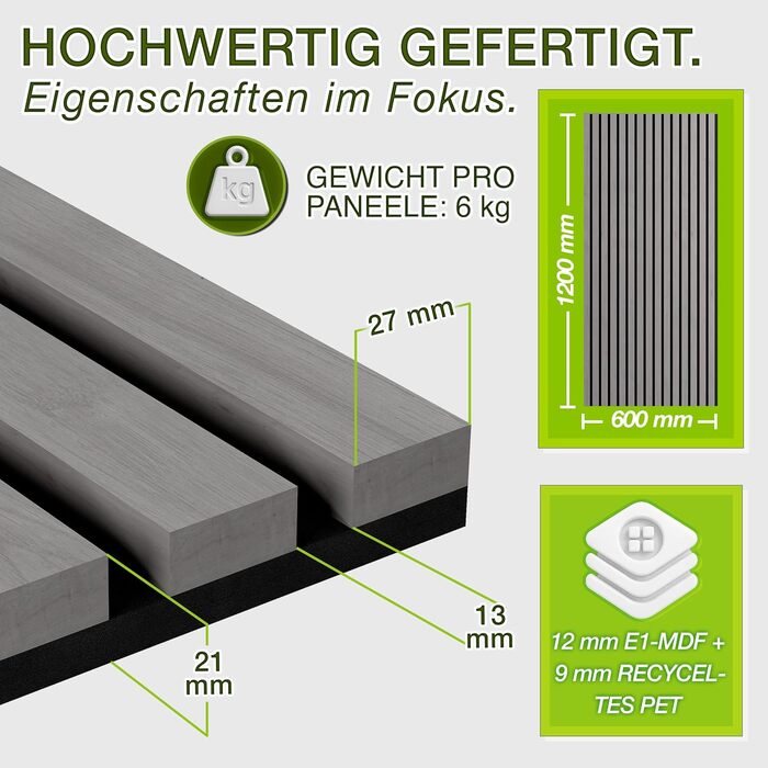 Акустичні 3D-панелі з дерева TRESKO для шумоізоляції стін, 120×60×2,1 см, колір Дуб сірий (набір 2 шт.) з вішалками для одягу