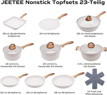 JEETEE 23-Piece Cookware Set with Non-Stick Granite Coating, Induction Cookware Set, Cookware Set with Lids, Frying Pan, Saucepan, Grill Pan, Cookware & Crepe Pan, Beige