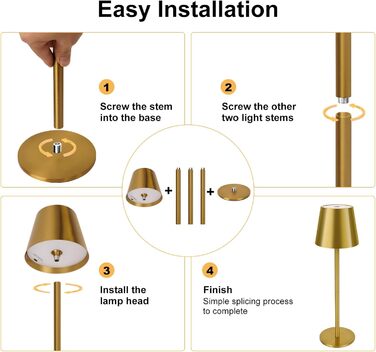 Світлодіодна настільна лампа бездротова з сенсорним керуванням, USB-C, димування, акумуляторна, 3 режими світла, регульована висота, IP54 водонепроникна, золота. Для ресторану, спальні, бару, вулиці