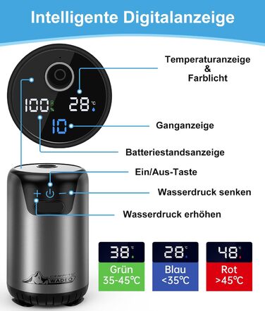 WADEO Portable Camping Shower Battery with Pump, Camping Shower with Rechargeable 6000/8000mAh Battery, Mobile Showers Outdoor Showers with Shower Head and Hose, for Camping Trips, Garden, Car Washing (Gray, 10 Galls and with Double Digital Display)