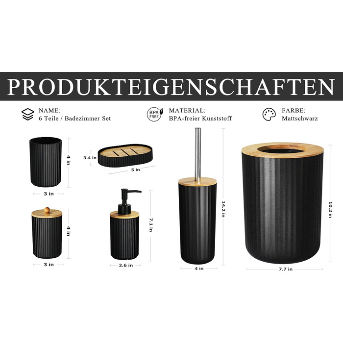 Набір аксесуарів для ванної кімнати GMISUN 6 предметів, чорний: мильниця, дозатор мила, стакан для зубної пасти, відро для сміття, тримач для туалетного йоржика, у стилі Farmhouse Boho