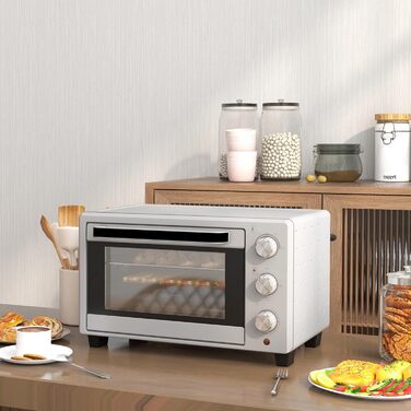 Міні-піч HOMCOM 21 л, 1400 Вт, 100-230°C, таймер, дека для крихт, дека для випічки, решітка-гриль, скло, для піци, кремово-білий (сріблястий)