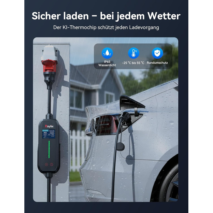 Raylix 2026 Neu 11kW Wallbox мобільна Type 2 з кабелем (8A-16A, 3 фази) + лічильник, регулювання струму, відкладений старт + кабель CEE 16A - Type 2, 5м