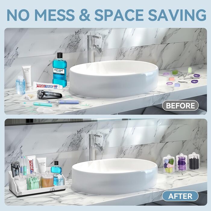BHeadCat Marble Bathroom Organizer and Storage with 3 Qtip Holders and Drain, Toothbrush Holder for Bathroom, Countertop, Organizer, Cosmetic Organizer