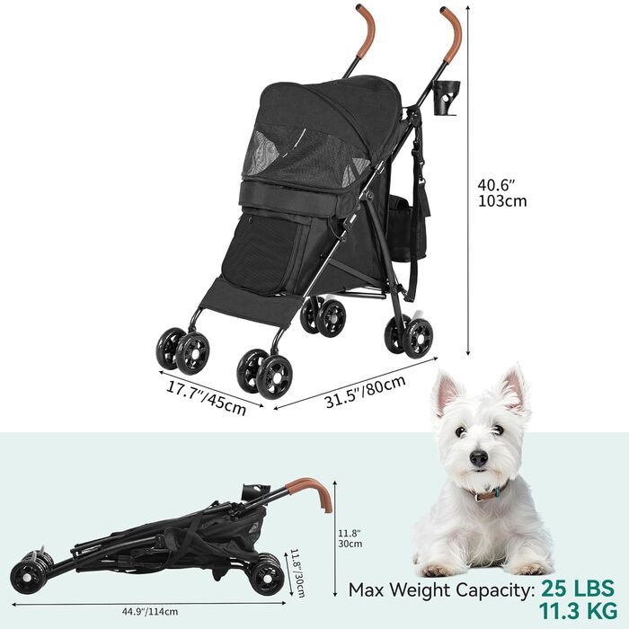 Візок для собак YITAHOME - чорний, до 11,3 кг, з сіткою, тримачем для напоїв, кошиком та переноскою