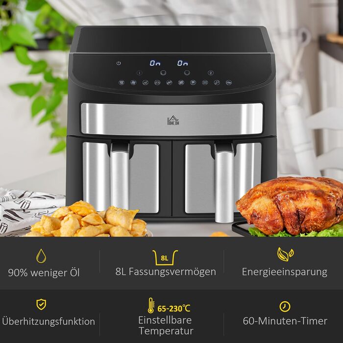 HOMCOM 8L Hot Air Fryer with Double Chamber, Air Fryer with 10 Programs, 2400W Air Fryer with Touchscreen, Recipe Book, Oil-Free, Black