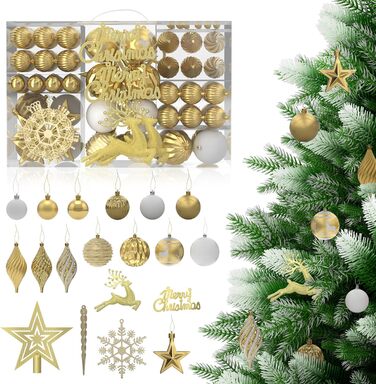 Набір прикрас для ялинки Aufun 108 шт. Преміум якість, пластик, з верхівкою, ялинкові кулі, зірки, безпечні прикраси, ялинкові кулі багаторазового використання, декор для ялинки (шампань, срібло)