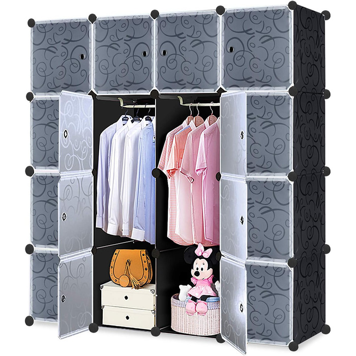 NAIZY Wardrobe Black DIY Plastic Shelf System Closet Organizer, Plug-in Shelf System with Door, Plastic Closet (16 Cubes, with 2 Clothes Rods)