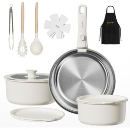 Набір посуду з нержавіючої сталі 14 предметів: сковорода 24 см, каструлі 18/20 см, знімні ручки, керамічне покриття, підходить для всіх плит, білий