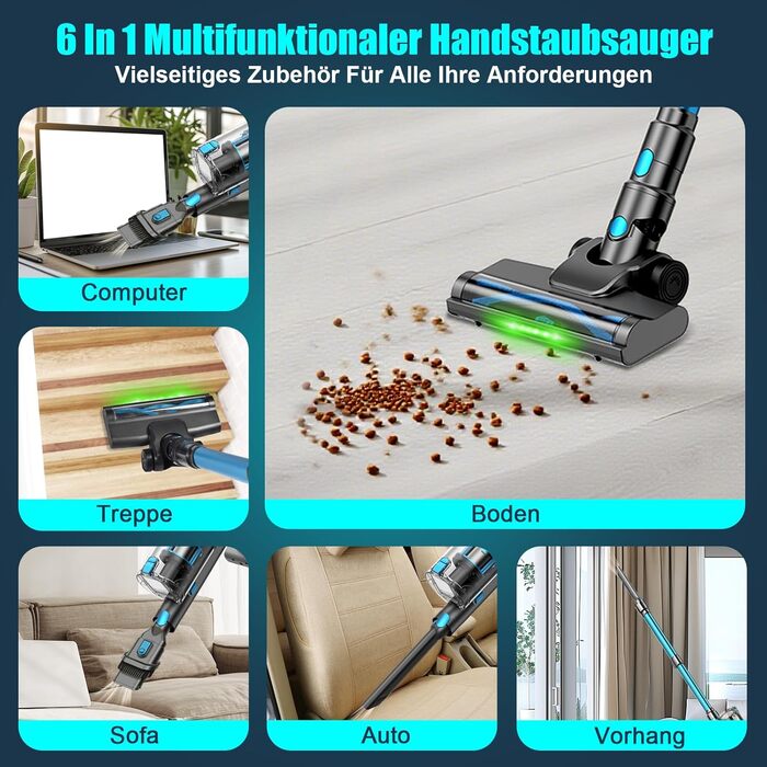 Бездротовий акумуляторний пилосос, потужний 70 хв/45KPA/550W з LED-дисплеєм, антизаплутуванням, детекцією бруду, для килимів, шерсті тварин та твердих поверхонь