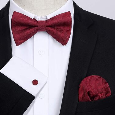 HISDERN Комплект краватка-метелик з кишеньковим хустиком та запонками, з гачком, регульована, вже зав'язана, для весілля, свят, Різдва, Хелловіна, бордовий A1