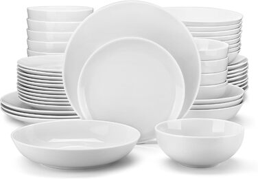 MALACASA, Amelia Series, Dinner Set for 12 People, 48-Piece Porcelain Tableware Set, White Combination Service, with 12 Dinner Plates, 12 Cake Plates, 12 Soup Plates, and 12 Bowls, White 48-Piece
